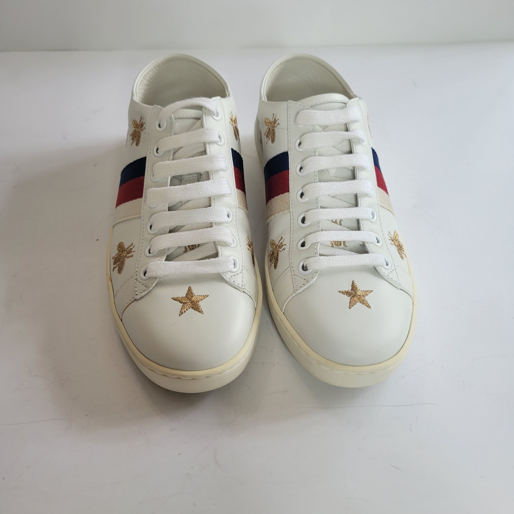 Gucci White Sneakers with Gold Embroidery and Stripes Womens Size 6.5 NIB